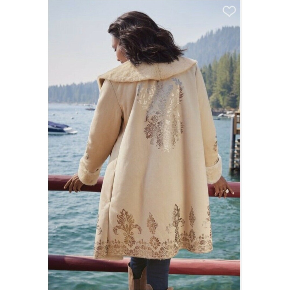 Soft Surroundings M Brigitta Tapestry Mid Length Faux Fur Suede Coat Beautiful